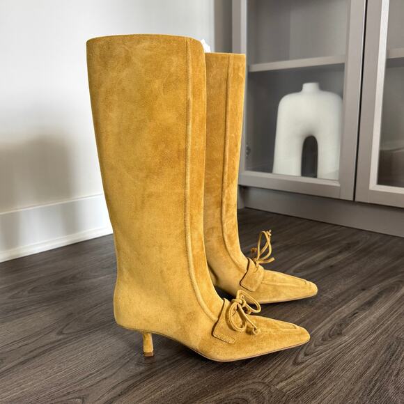 Burberry Storm Calf Suede Manilla Knee High Boots 36 NEW Kitten Heel Gold Bootie - Picture 1 of 8